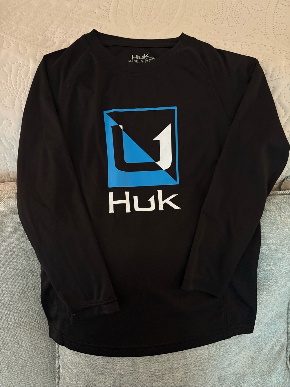 Huk Youth Black Long-Sleeve Logo Shirt with Blue Accent